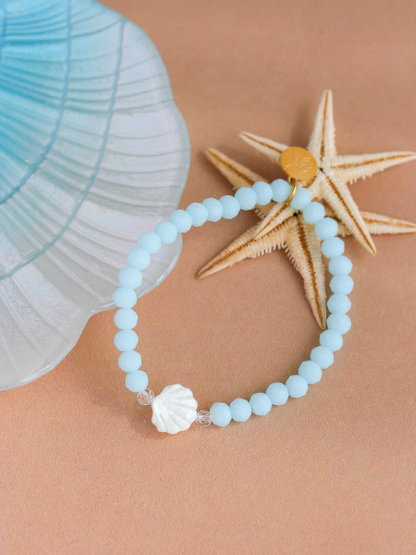 Bracelet Coquillage Bleu Et Blanc, Perles Nacrées Et Dorées - Style été Ajustable